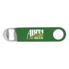 A green bottle opener featuring the text Abita Beer with a yellow wheat design. It has a metal opener on one end and a circular hole on the other.