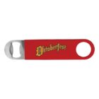 A red bottle opener with the word Oktoberfest in yellow, medieval-style lettering on the body. The opener has a metal tip for opening bottles and a round hole on the opposite end for hanging.