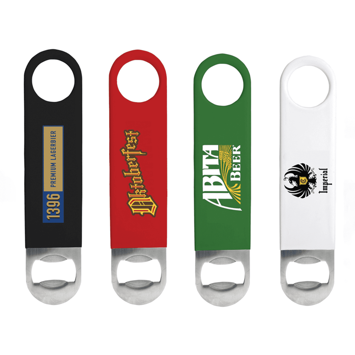Four bottle openers in black, red, green, and white colors are displayed vertically. Each features different text and designs in yellow and white, including decorative fonts and logos. They all have metallic openers on one end.