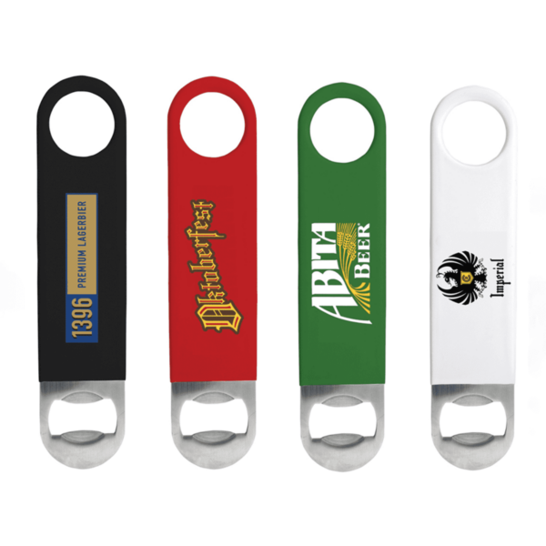 Four metal bottle openers with colorful handles are displayed. Each handle has a different design: black with 1396 Premium Lagerbier, red with Oktoberfest, green with ABITA Beer, and white with an eagle symbol and Imperial.