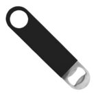 A black handled metal bottle opener with a circular hole at one end and a metal opening mechanism at the other end.