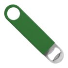 A green-handled metal bottle opener with a large circular hole at one end for hanging and a metal opener at the other end.