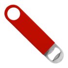 Red-handled metal bottle opener with a circular loop at one end and a flat metal bottle-opening mechanism at the other.