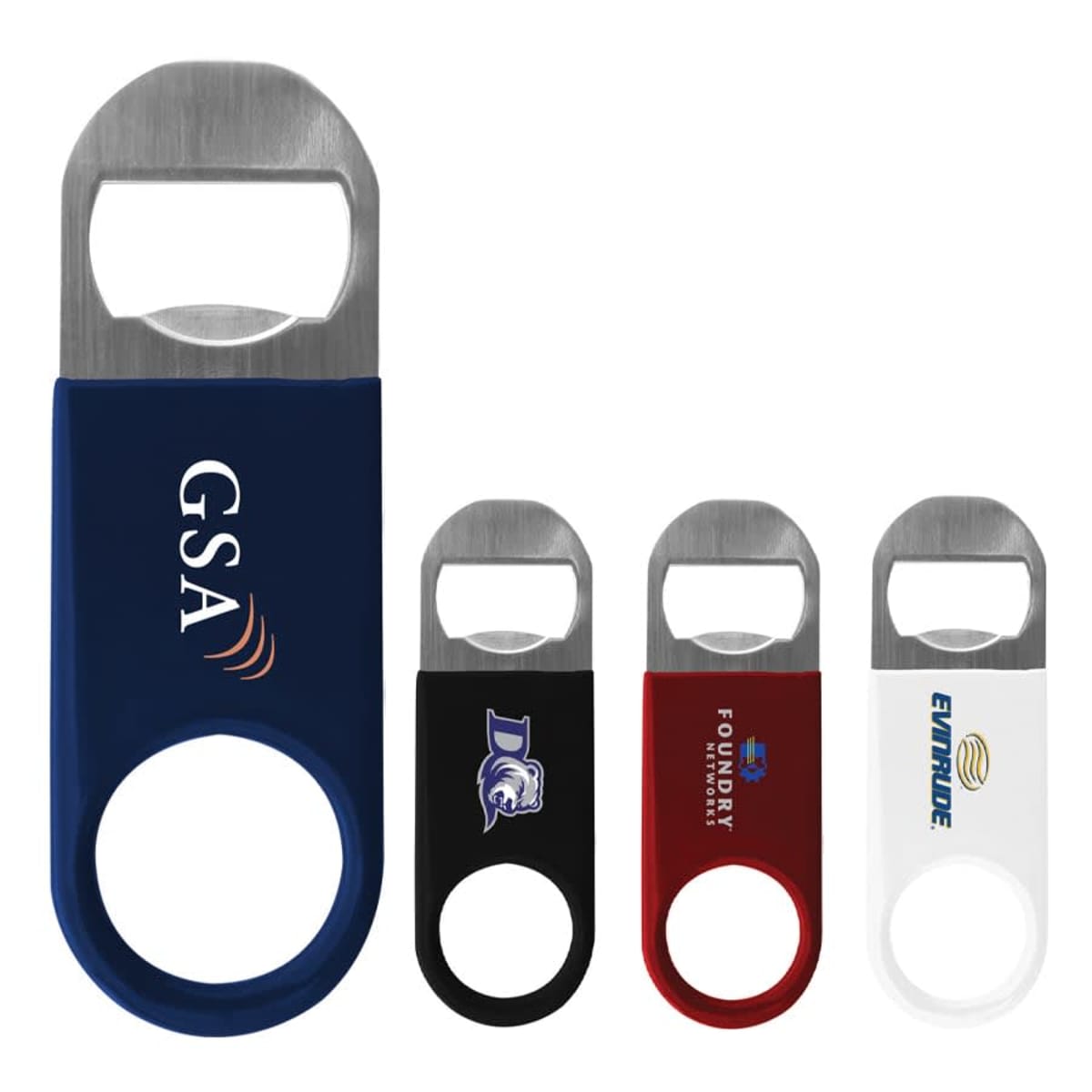 Four metal bottle openers with colored handles are displayed. From left to right: the first is navy with GSA text, the second is black with a logo, the third is red with Foundry text, and the fourth is white with Evinrude text.