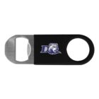 A metal bottle opener with a black handle featuring a logo of a stylized letter D and a bears head.