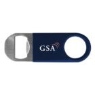 Blue and silver bottle opener with a metal blade on one end and a circular grip on the other. The letters GSA are printed in white on the blue handle.