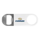 A white bottle opener with a metal opening edge and a circular handle. The word EVINRUDE is printed on the surface in blue, below a gold wave logo.
