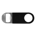 Black and silver metal bottle opener with a round handle and a flat, rectangular design.