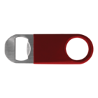 A red and silver metal bottle opener with an elongated oval design. The left section is a silver cap-removing feature, while the right side has a large circular hole for easy handling.