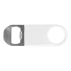 Image of a flat, white, rectangular bottle opener with a metal end and a hole for easy handling. The metal section is on the left, designed for removing caps from bottles.