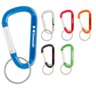 Six colorful carabiner keychains with metal rings, each displaying a different brand logo.