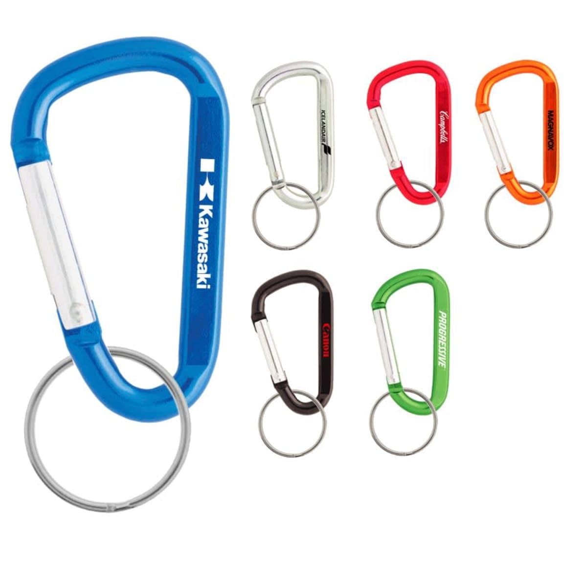 Six colorful carabiner keychains with metal rings, each displaying a different brand logo.