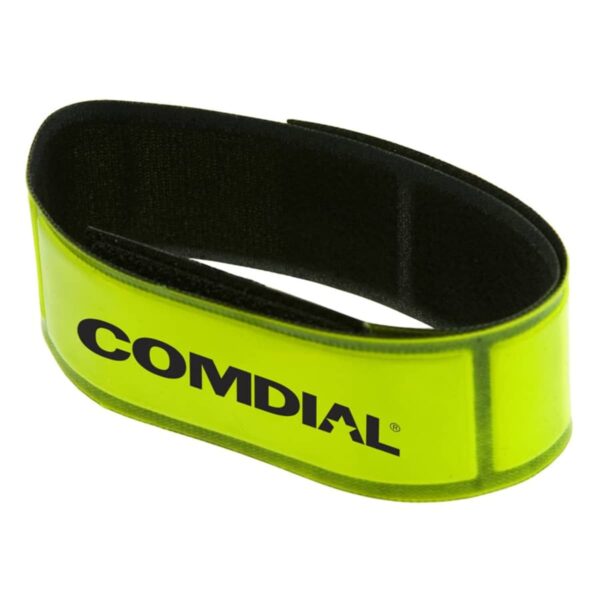 A yellow reflective armband with COMDIAL printed in black.