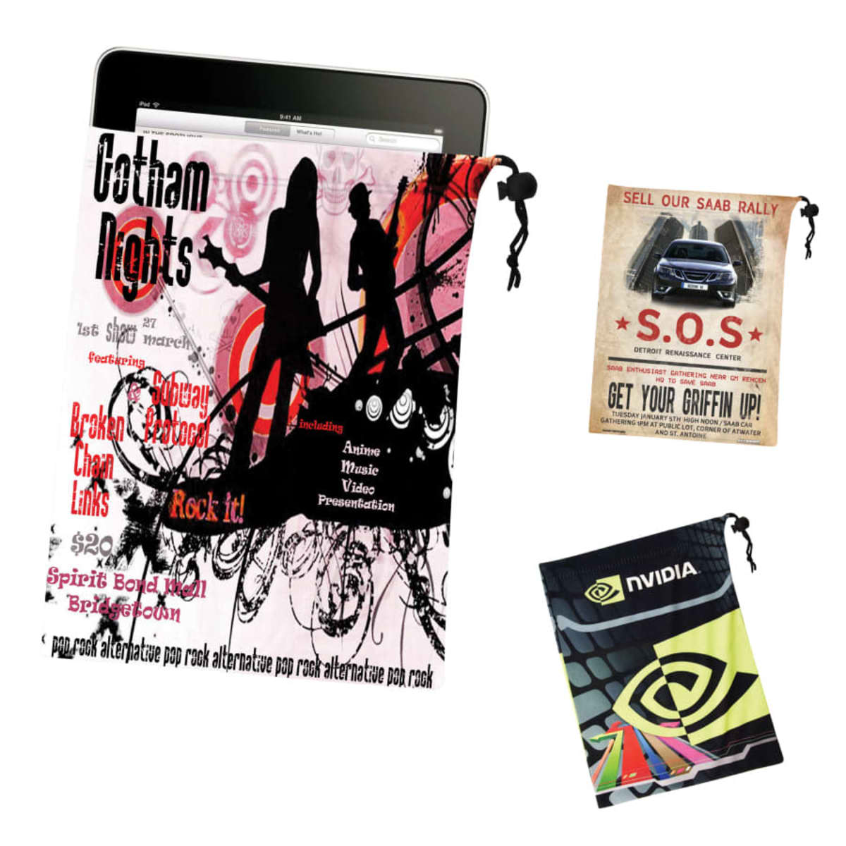 A collage featuring a tablet with a musical-themed sleeve, a poster with a car advertising a rally with S.O.S text, and a small pouch with the NVIDIA logo.