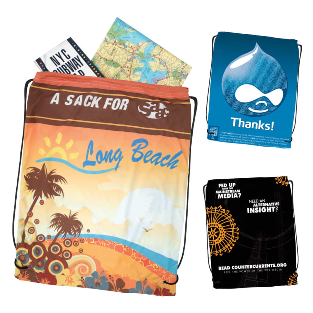 Three colorful drawstring bags, one with a Long Beach design and travel guides inside.
