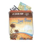 Drawstring bag with Long Beach text, map, and subway card partially sticking out.