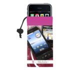 A T-Mobile pouch holds two smartphones, one with GPS and one with a clock app displayed.