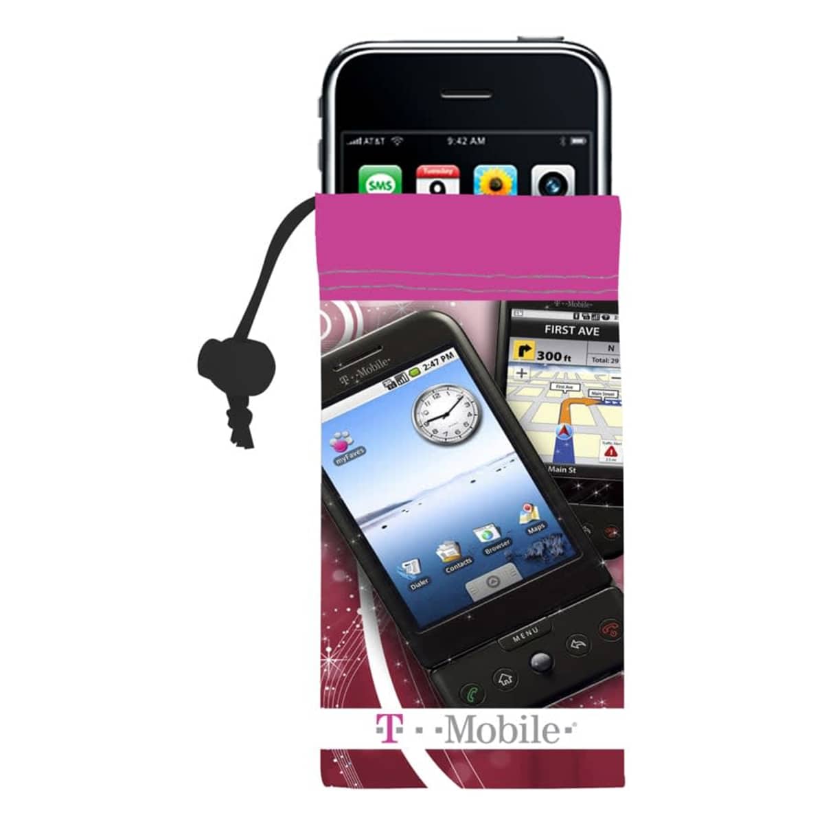 A T-Mobile pouch holds two smartphones, one with GPS and one with a clock app displayed.