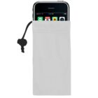 A smartphone in a gray drawstring pouch with a black cord on the side.