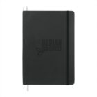 A black notebook with Urban Eco Suites embossed on the cover, plus an elastic band and ribbon.