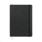 A closed black notebook with an elastic band and a white ribbon bookmark.