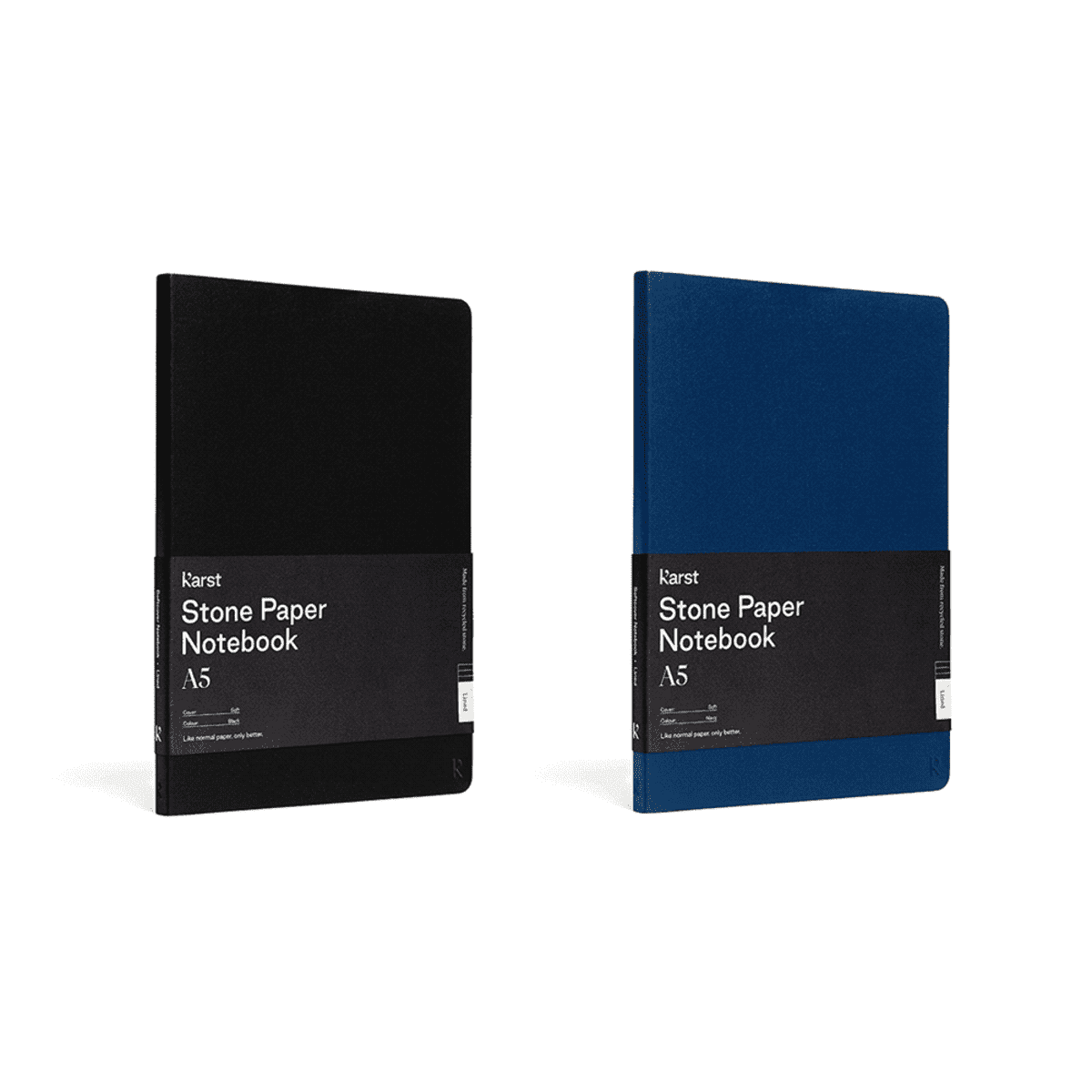 Two A5 Karst Stone Paper Notebooks, one black and one blue, standing upright.