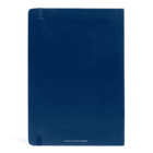 A closed, plain navy blue notebook with rounded corners and an elastic band.