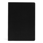 A plain black hardcover notebook with rounded corners standing upright against a white background.
