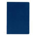 A plain, closed, dark blue notebook with a soft cover against a white background.