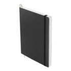 Black hardcover notebook with an elastic band and a white ribbon bookmark, standing upright.