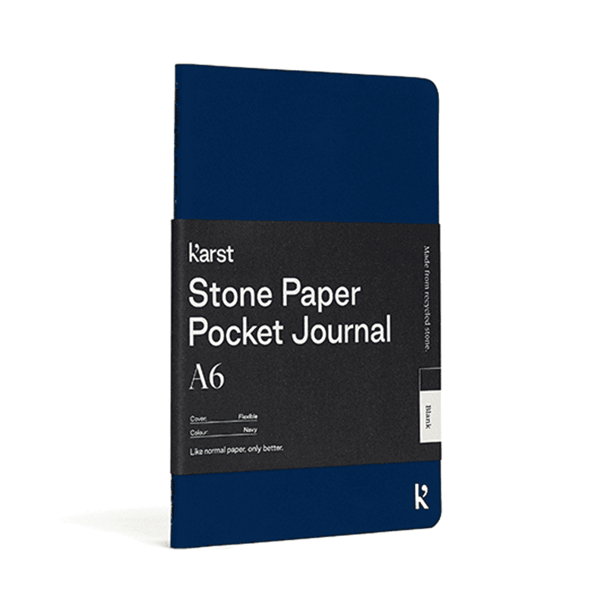 A blue A6 Stone Paper Pocket Journal with a black label around the cover.