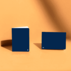 Two dark blue notebooks, one standing open and one lying flat, on an orange surface.