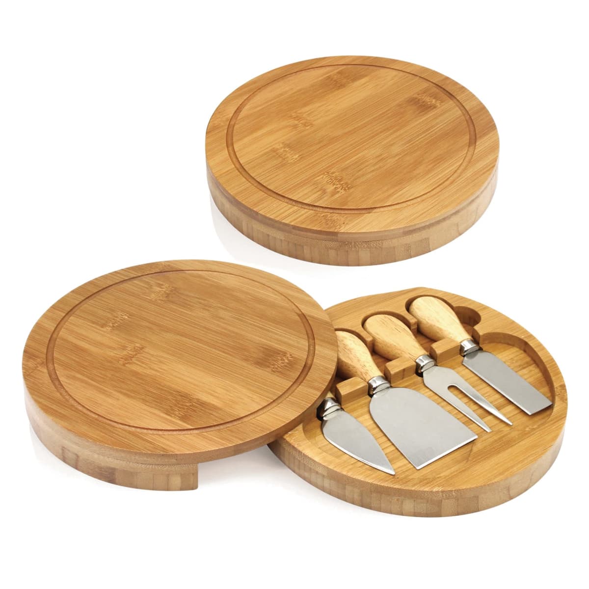 Round bamboo cheese board set with lid and four cheese knives inside.