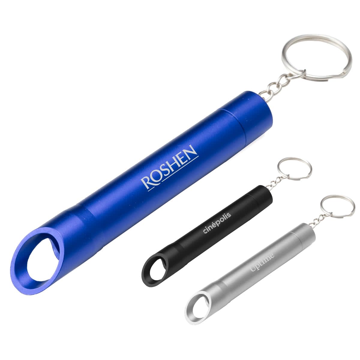 Three metal keychain bottle openers in blue, black, and silver, displayed on a white background.