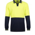 A yellow and black long-sleeve polo shirt on a white background.