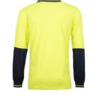 Yellow long-sleeve shirt with dark navy cuffs and collar, viewed from the back.