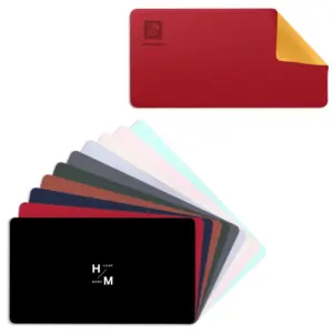 Red and black mouse pads, with various sizes, fanned out below.