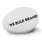 White rugby ball with the text WE BULK BRAND printed in bold black letters.