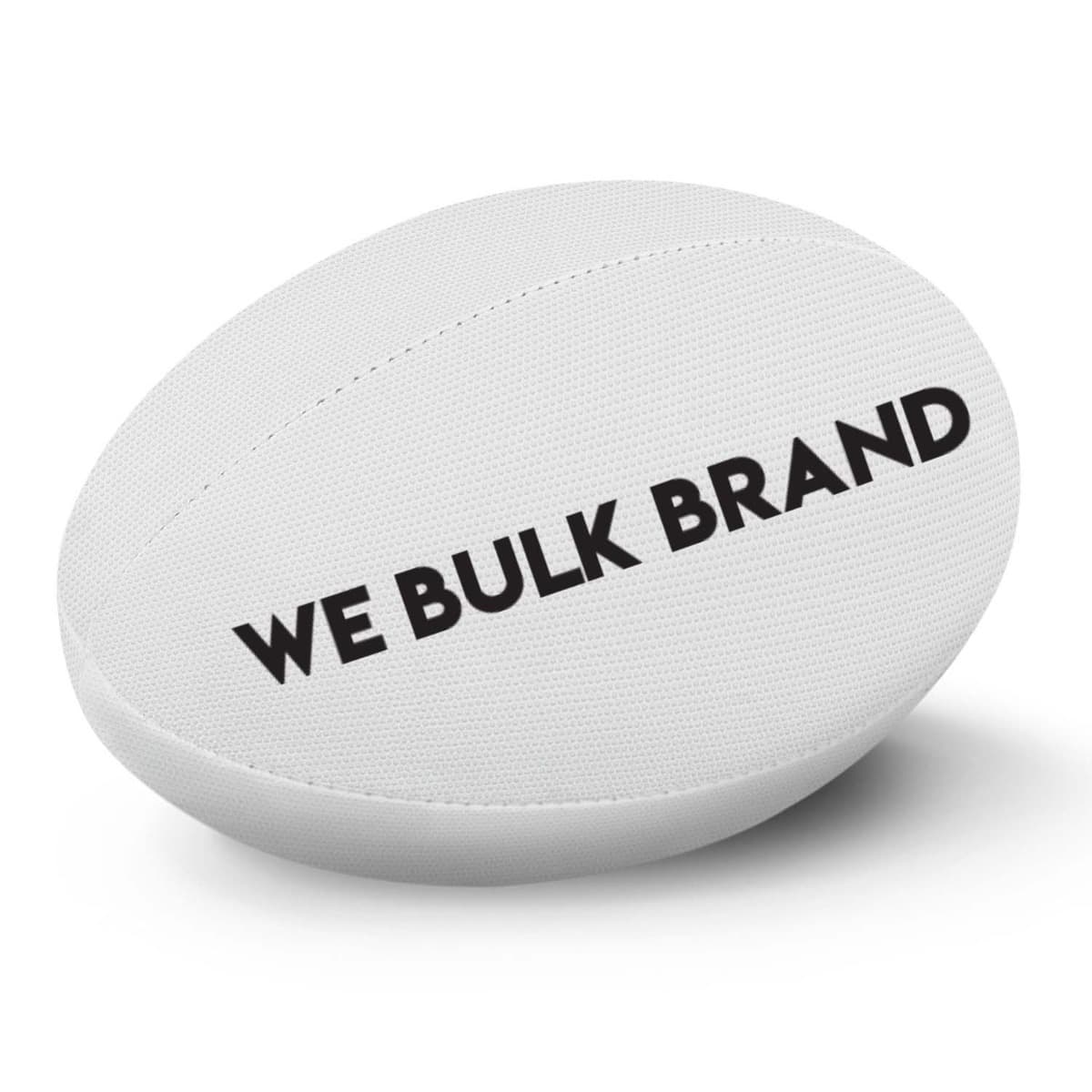 White rugby ball with the text WE BULK BRAND printed in bold black letters.