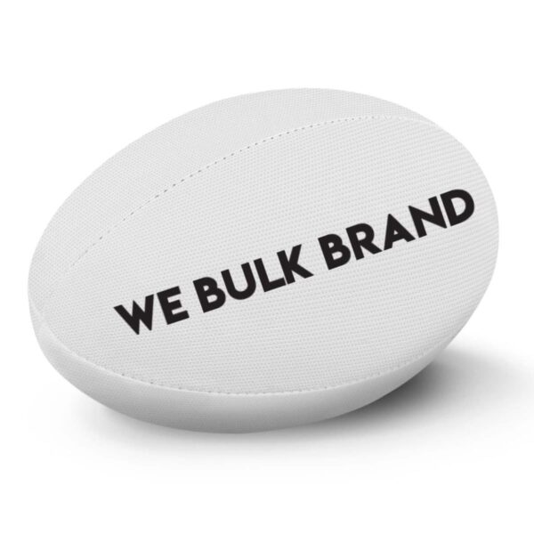 A white rugby ball with bold black text reading WE BULK BRAND across its surface, set against a plain white background.
