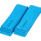 Two neatly folded blue fabric belts, placed side by side against a white background. The belts have visible stitching and textured patterns.
