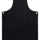 Black apron with a front pocket and metal grommets on straps.