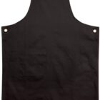 Black apron with a front pocket and metal grommets at the top corners.