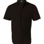 Black short-sleeve button-up shirt with a collar.