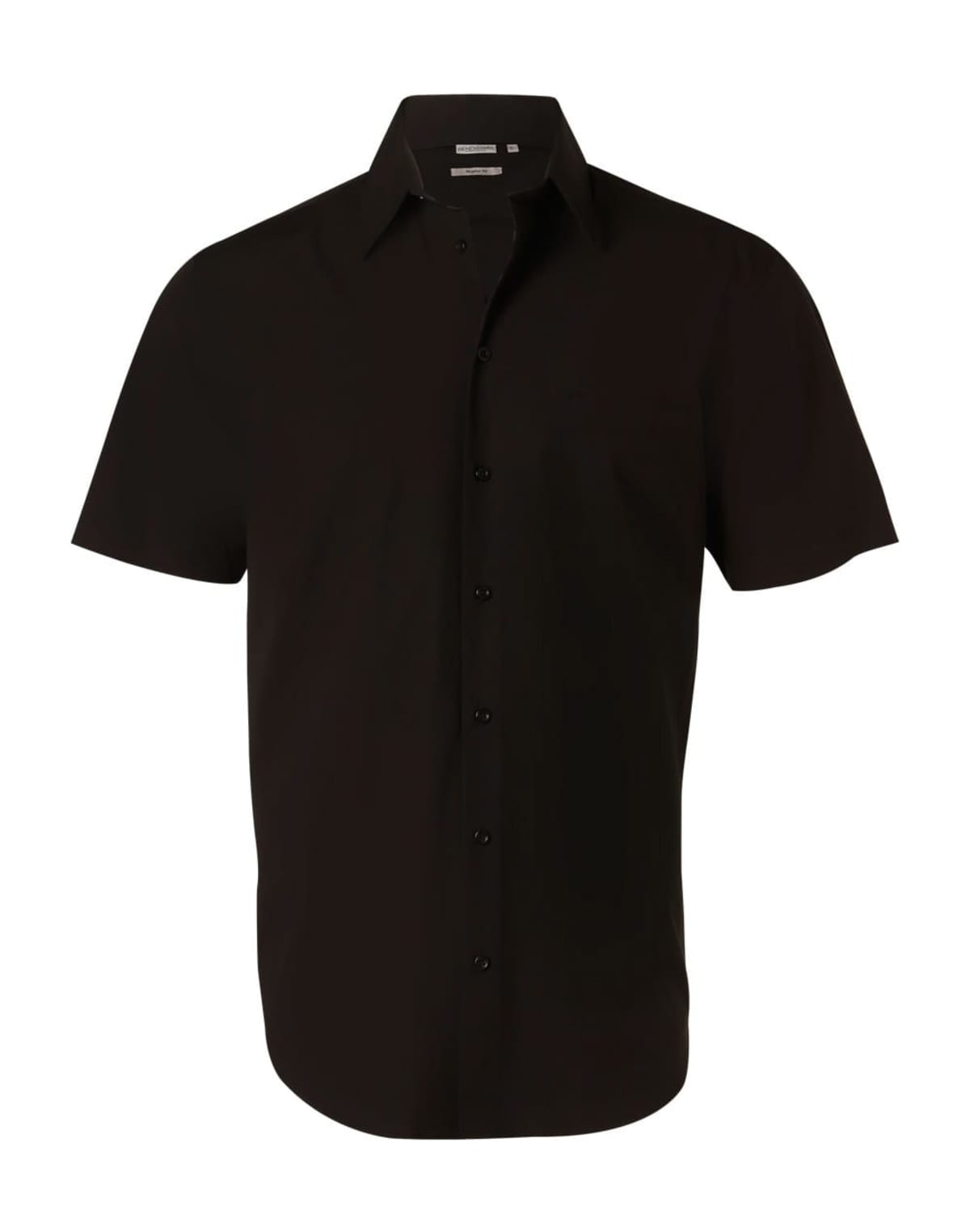 Black short-sleeve button-up shirt with a collar.