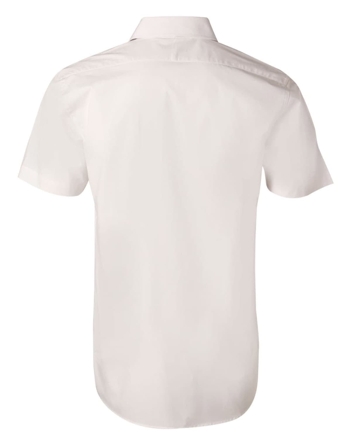 Back view of a plain white short-sleeved shirt.