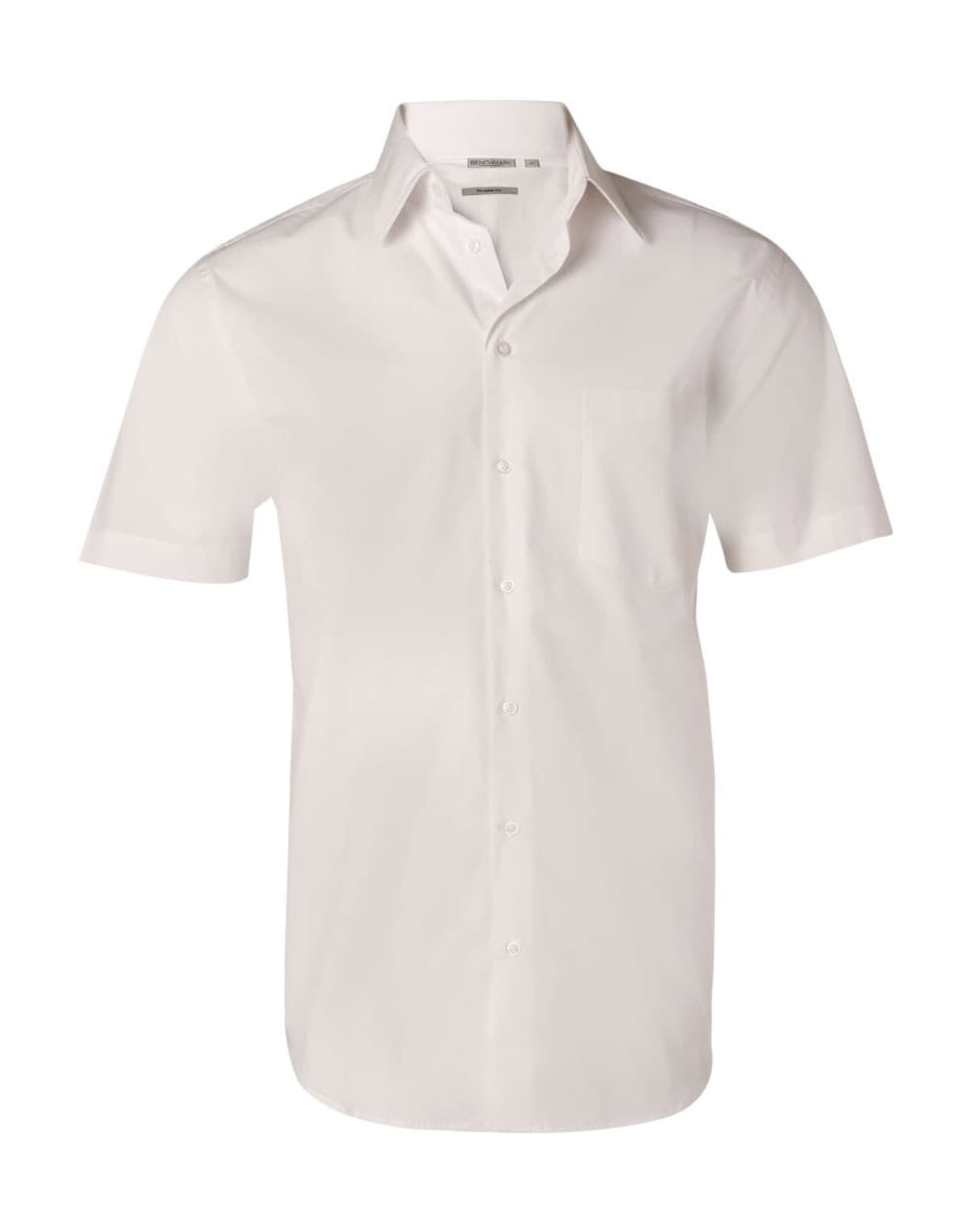 White short-sleeve button-up shirt with a front pocket.
