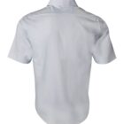 Back view of a short-sleeved, light blue button-up shirt on a white background.
