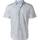 Light blue short-sleeve button-up shirt with a front pocket on a white background.