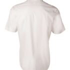 Back view of a white short-sleeve button-up shirt on a plain background.